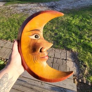 Antique Wood Carved Man In The Moon